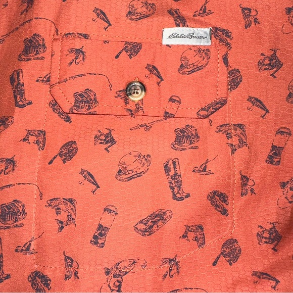 Mens L Eddie Bauer button up short sleeve shirt burnt orange equestrian pattern - Picture 9 of 9